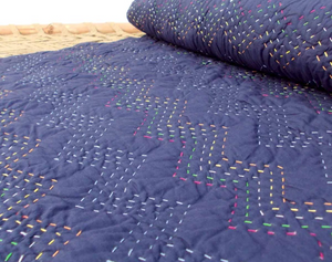 Navy blue Kantha quilt - chevron pattern quilting