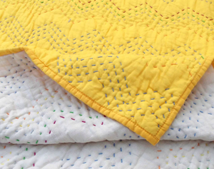 Yellow Kantha quilt - chevron pattern quilting