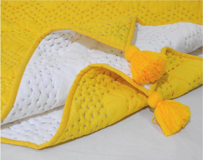 Yellow quilted Throw blanket, chevron pattern, zig zag quilting, hand quilted, 100% cotton, 50X60 inches