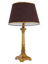 Load image into Gallery viewer, Antique Gold Finish Roman Corinthian 26 Inch Single Aluminium Column Table Lamp Light With 14 Inch Brown Gold Rim Tapered Fabric Shade