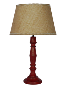 French Farmhouse Distressed Red Wooden Table Lamp with 14 Inch Tapered Jute Shade