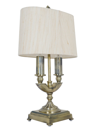 Traditional Brass Antique Table Lamp with Dual Bulb Oval Khadi Fabric Shade