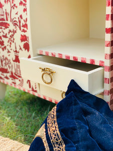 Gingham style cabinet drawer close up
