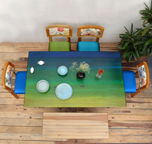 Blue and Green Maldives Inspired Solid Wood 6 Seater Dining Set top view