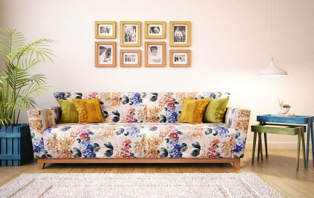 3 seater sofa with floral upholstery with handcrafted solid wood frame