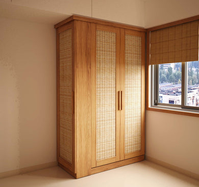 Brown Solid Wood Two Shutter Wardrobe with Dresser and Black and Beige Jute Fabric Sandwiched in Glass Panelled Shutters