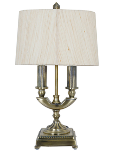 Traditional Brass Antique Table Lamp with Dual Bulb Oval Khadi Fabric Shade
