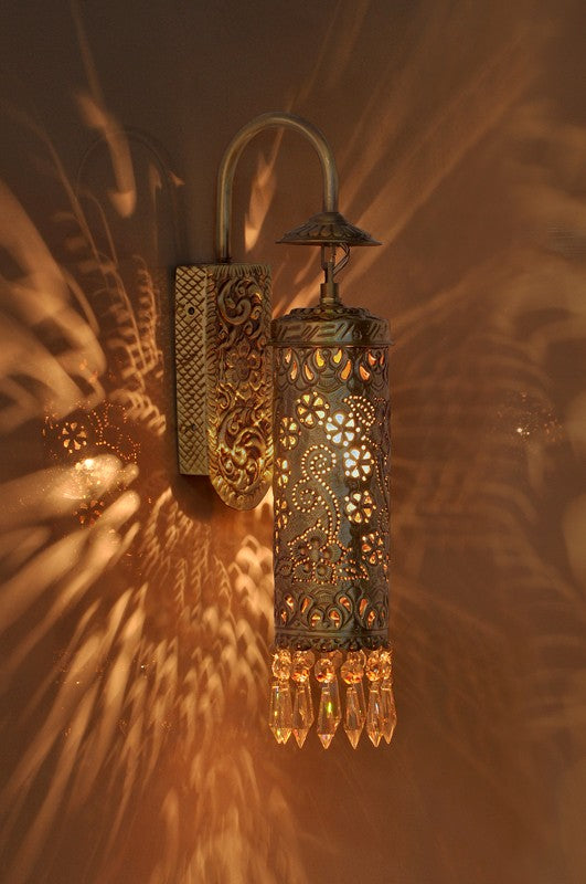 Hand Carved Brass & Crystal Cylinder Sconce