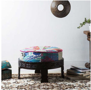 Round foot stool with carving and assorted patchwork fabric