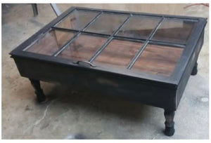 Solid wood coffee table made with reclaimed window pane in black