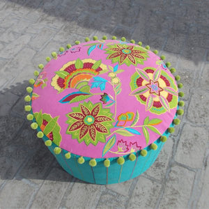Stylized Floral - Embroidered Bright Pink Pouf