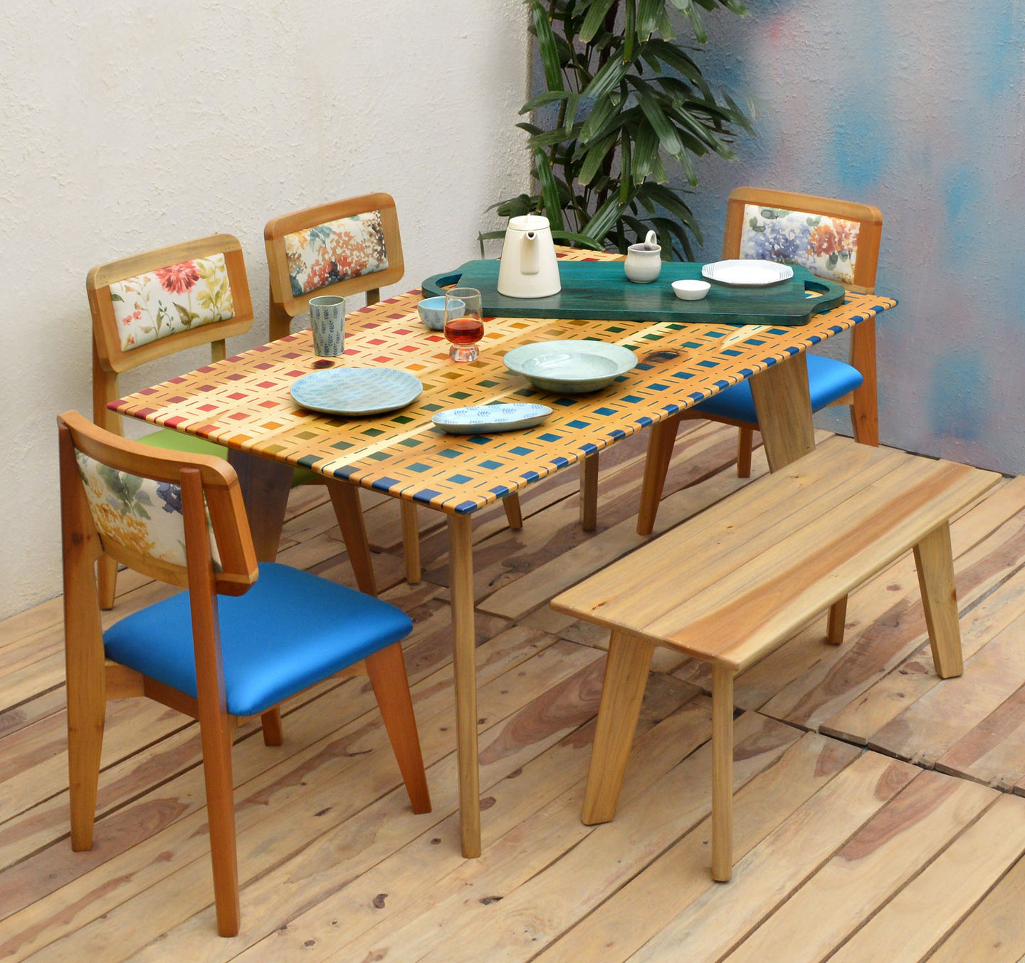 Brown Solid Wood 6 Seater Dining Set with Handprinted Madras Checks Serigraph on the Table Top