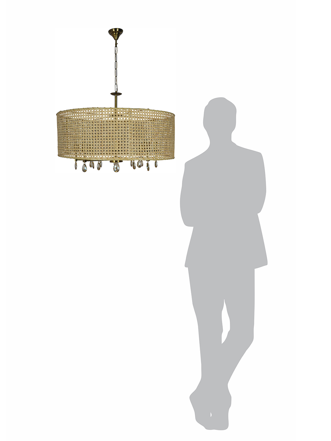 Handwoven 28 Inch Rattan Cane Drum Shade & Crystal 8-Lights Chandelier next to human