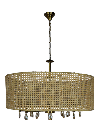 Handwoven 28 Inch Rattan Cane Drum Shade & Crystal 8-Lights Chandelier without background