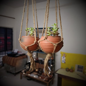 Set of 2 Terracotta and Jute Hanging cum Desktop Planters Round home placement