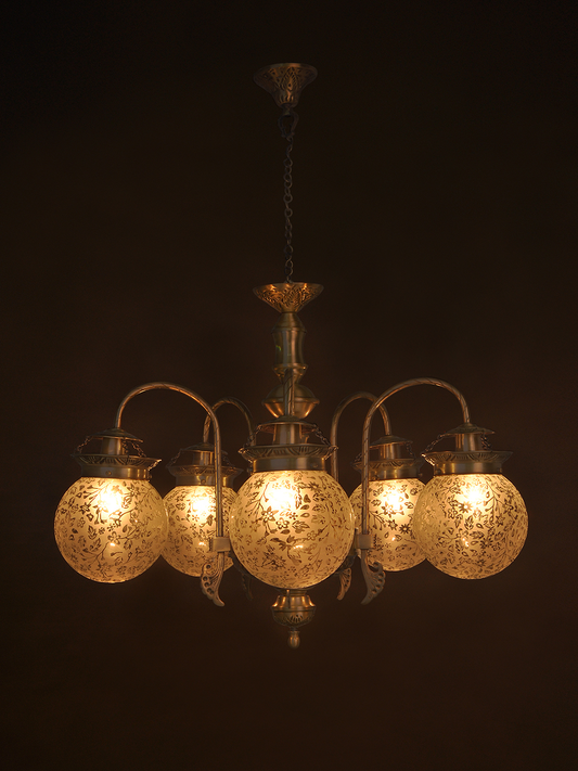 Etched Globes 5 Light Brass Chandelier