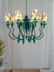 Emerald Green Distressed Wooden 8-Light Ceiling Chandelier with 6 Inch Floral Embroidery White Fabric Shades