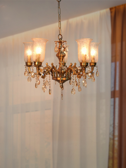 Transitional 5-Lights Cast Brass Chandelier With Floral Etched Glass Shades