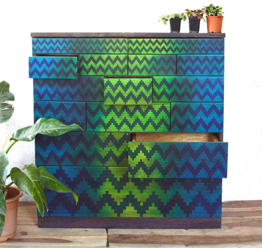 Solid Wood Contemporary Chest of Drawers with Hand Printed Aztec Serigraph on the Fascia