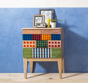 Solid Wood Contemporary Console Chest with Hand Printed Madras Checks Serigraph on the Fascia