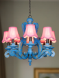 Country-Style Distressed Blue 28 Inch Wide 8-Light Wooden Ceiling Chandelier Light With Pink Scallop Bell Fabric Shades