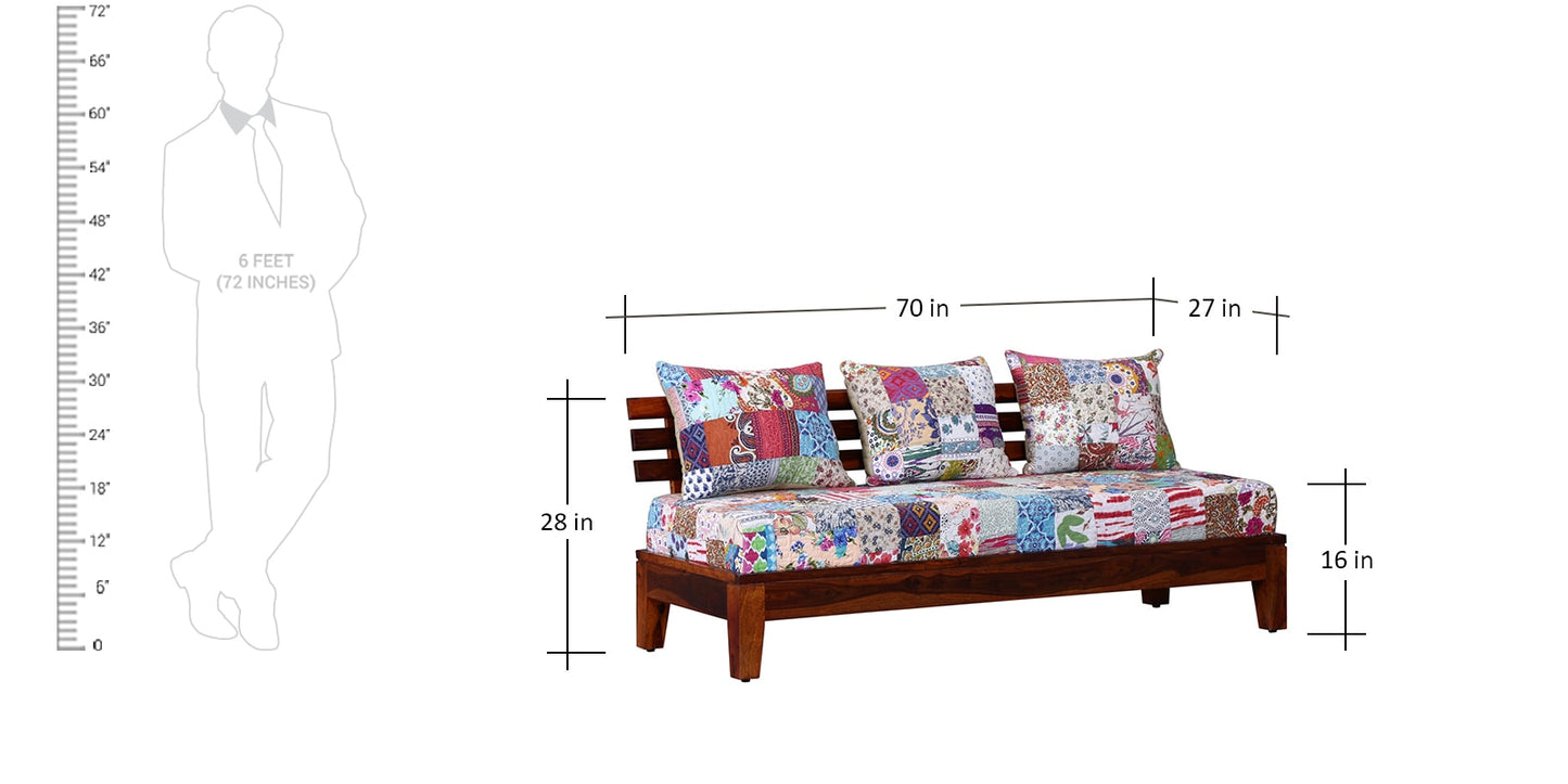 Hayden Three Seater Sofa in Honey Finish with cushions comparison with a human being