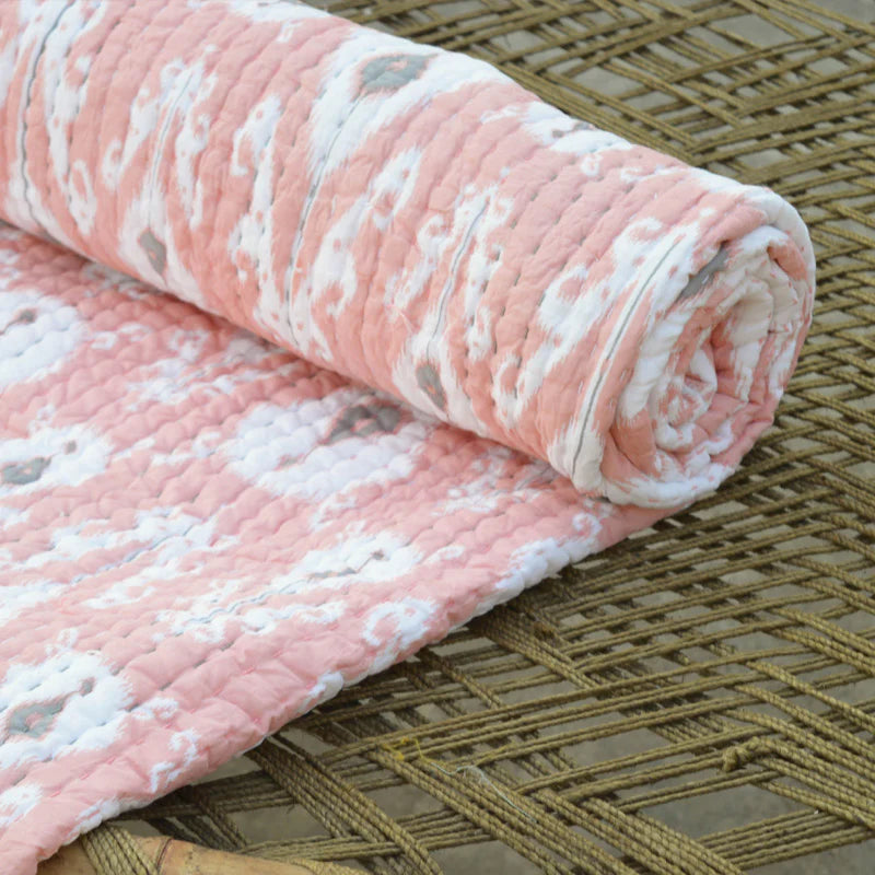 Quilted bedspread, ikat print coral colour cotton quilt, sizes available