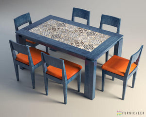 Indigo Blue Solid Wood 6 Seater Dining Set