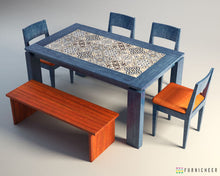 Load image into Gallery viewer, Indigo Blue Solid Wood 6 Seater Dining Set with Blue, Brown, White Tile Inlay