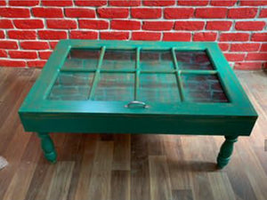 Solid wood coffee table made with reclaimed window pane in green