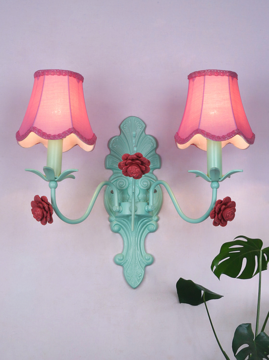 Green 12 Inch Transitional Beach House Dual-Light Steel Wall Lamp With Pink Scallop Bell Fabric Shades