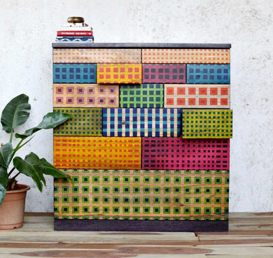 Solid Wood Contemporary Chest of Drawers with Hand Printed Madras Checks Serigraph on the Fascia