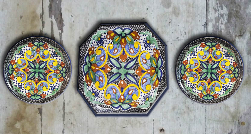 Hand painted set of 3 Talavera inspired Wall Plates-001