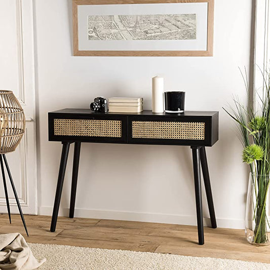 The kashth 2 Black Wood Console with Cane Drawers (Black)