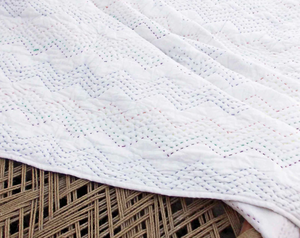 Kantha Bedspread - White color with chevron pattern quilting