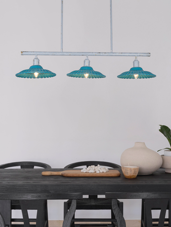 Teal Ceramic Linear Chandelier - 3 Shallow Round Ribbed Shades