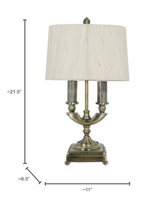 Traditional Brass Antique Table Lamp with Dual Bulb Oval Khadi Fabric Shade