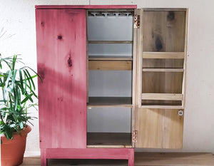 Beetroot Pink Solid Wood Tall Bar Cabinet with opened door