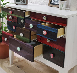 Solid Wood Contemporary Console Chest with Multicolor PU Finish on the Fascia and Ceramic Knobs close up