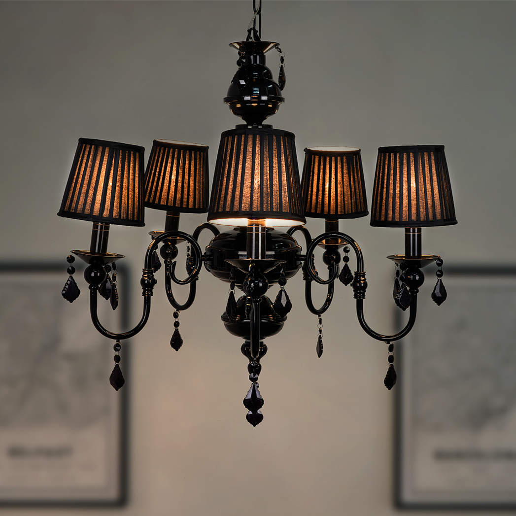 Absolute Black Victorian Accent Classic Black 5-Light Steel Chandelier With Black Crystals & 6 Inch Pleated Shades