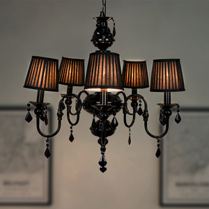 Absolute Black Victorian Accent Classic Black 5-Light Steel Chandelier With Black Crystals & 6 Inch Pleated Shades