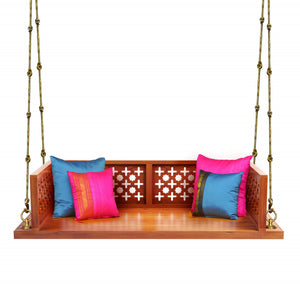 Solid Wood Handcrafted Indian Traditional Swing/Jhoola with Carved Back and Armrest & Finished with Cherry Brown PU and Antiques Brass Links