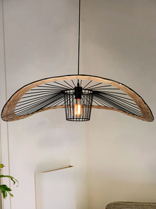 Contemporary 34 Inch Bohemian-Style Cane & Steel Single-Light Ceiling Hanging