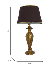 Load image into Gallery viewer, Gold Vintage Aluminium Single Table Lamp Light With 14 Inch Brown Gold Rim Tapered Fabric Shade dimensions