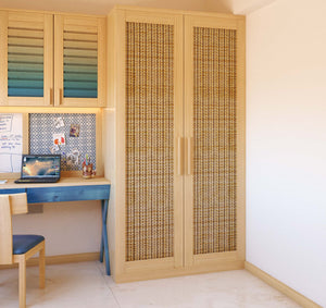 Brown Solid Wood Two Shutter Wardrobe with Black and Beige Jute Fabric Sandwiched in Glass Panelled Shutters