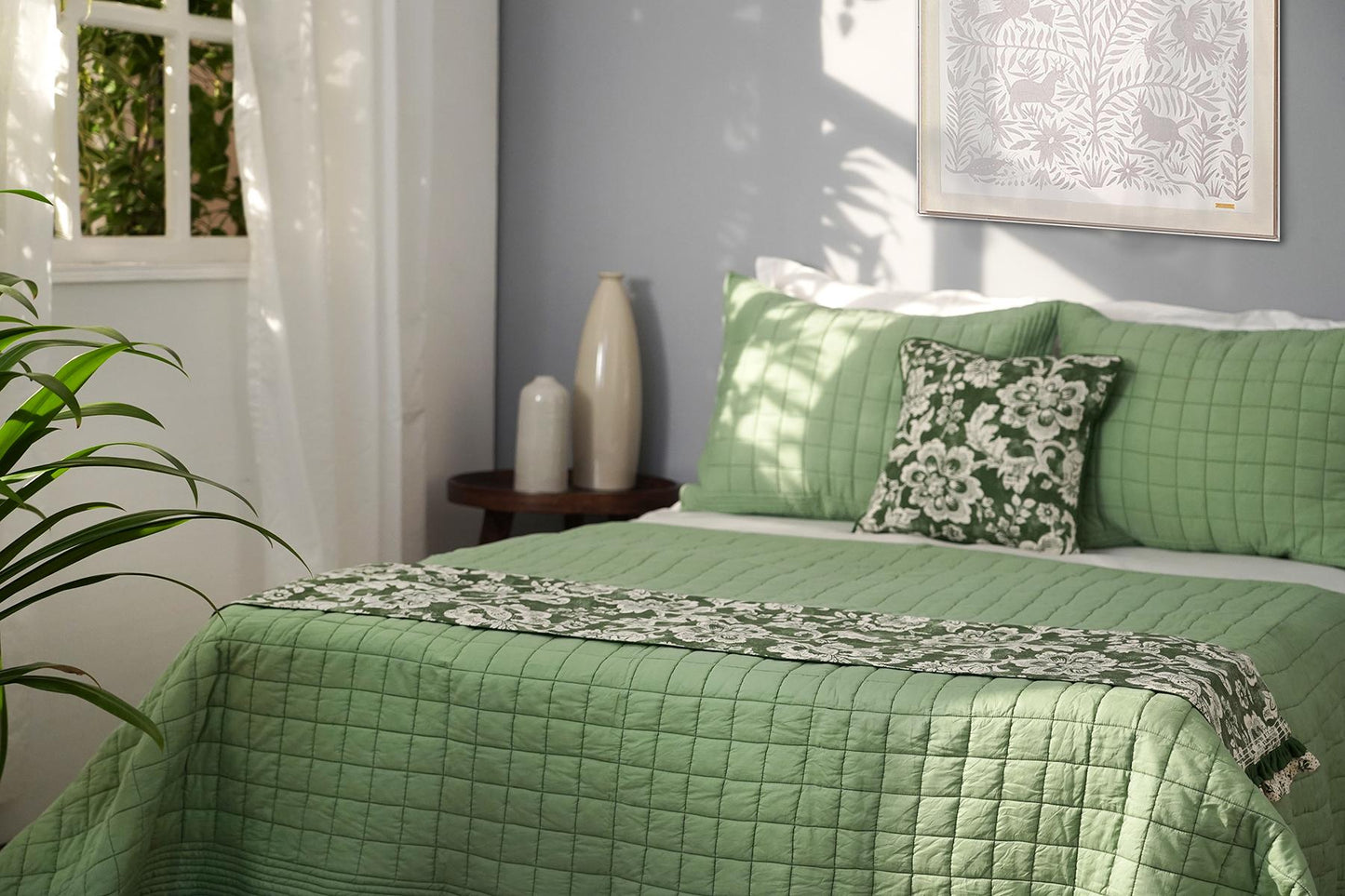 SAGE GREEN cotton quilted bedspread with check pattern, Sizes available