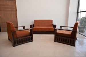 Dhana back covered sofa set with handcrafted solid wood