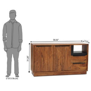 Acacia wood handcrafted sideboard comparison next to a human being