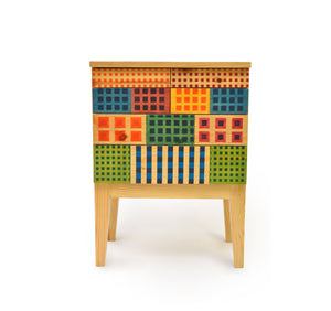 Solid Wood Contemporary Console Chest with Hand Printed Madras Checks Serigraph on the Fascia front view