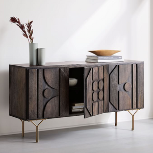 Sideboard made in solid mango wood with 3 doors with metal legs, 2 internal shelves and 3 doors